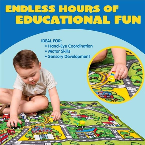 Carpet Playmat w/ 12 Cars Pull-Back Vehicle Set for Kids Age 3+, Jumbo Play Room - Picture 4 of 7